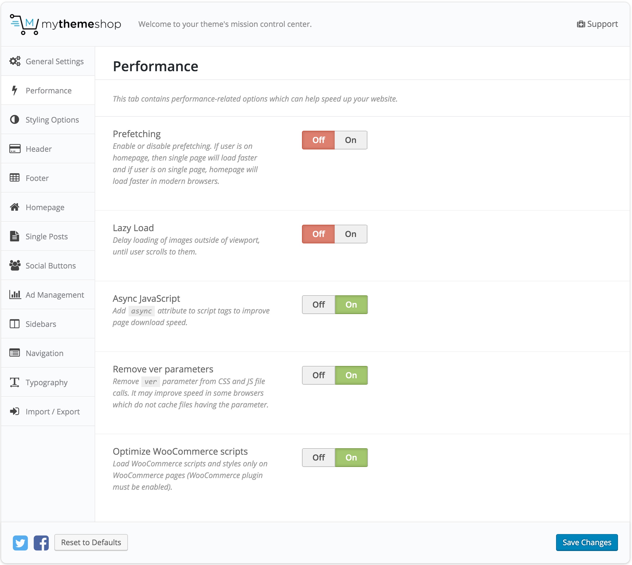 Authority Performance Settings
